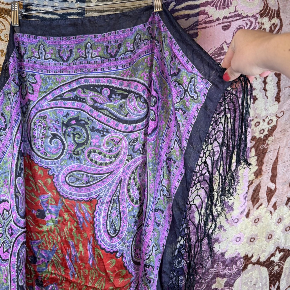 Vintage 100% Silk Purple Paisley Black Fringe Shawl Scarf Romantic Whimsigoth